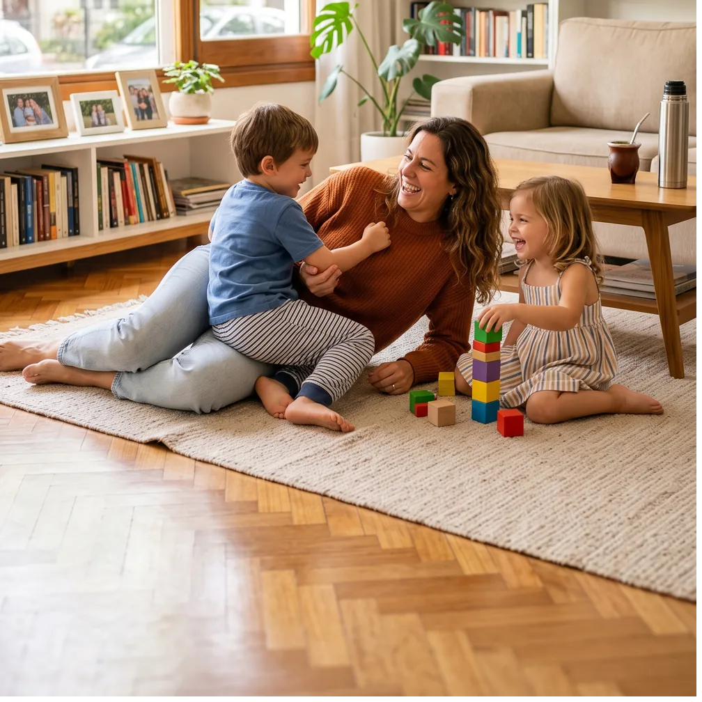 Niñera jugando con dos niños en la sala