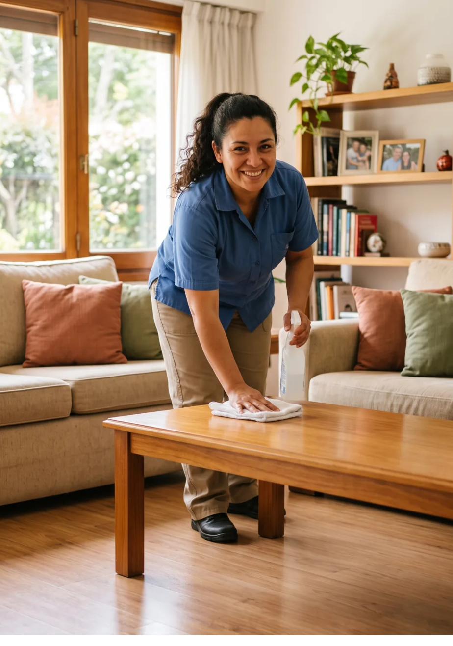 Trabajadora del hogar limpiando la sala de una casa